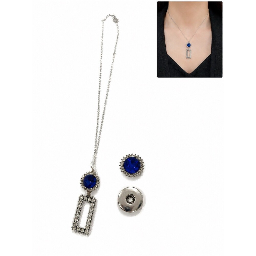 Snap Jewelry Necklace Silver Tone Blue Rhinestone Snap Crystal Rectangle